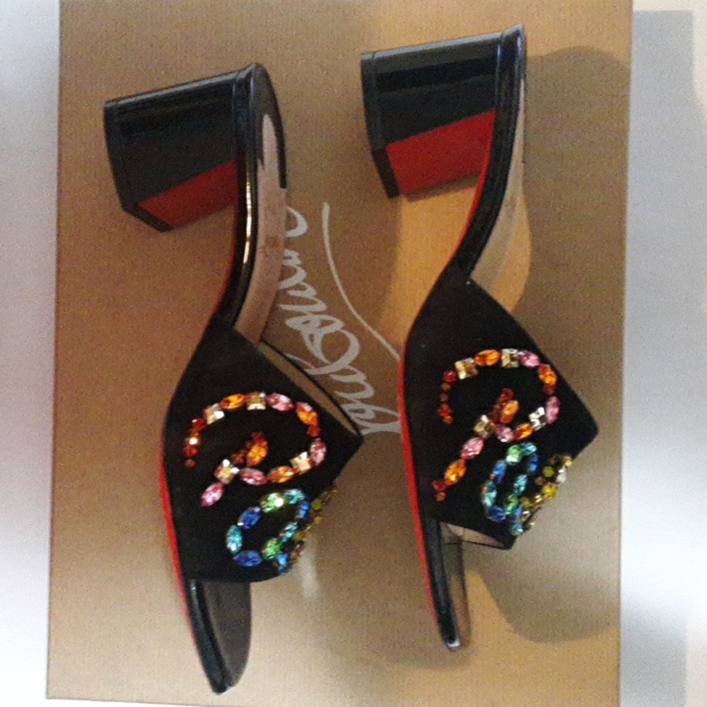 Christian Louboutin  Black Dear Paris 55 Crystal Beaded Chunk Heeled Sandals - Picture 10 of 11